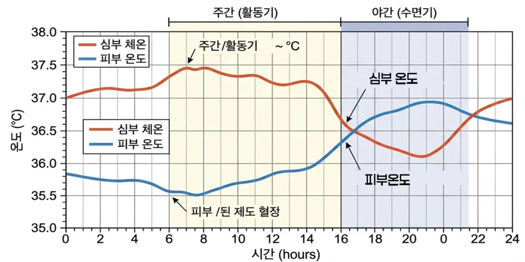 50대 불면증 심부 체온과 피부 온도의 24시간 변화를 보여주는 그래프