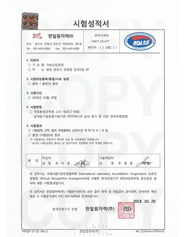 가보건강침대 황토판(흙판) 라돈 시험성적서 1페이지-한일원자력(주) 시험 분석 센터 발급, 성적서번호 HN/T-18-477, KOLAS 공인 시험기관. 시험 방법:국립환경과학원 고시 제 2017-58호  ES02901.1b 실내 공기 중 라돈 연속측정방법. 2018년 10월 29일 발급. Kabobed Hwangto Bed radon test report page 1 — issued by Hanil Nuclear Co., Ltd. Testing & Analysis Center (KOLAS-accredited laboratory), report no. HN/T-18-477. Test method: National Institute of Environmental Research Notice No. 2017-58 ES02901.1b (Continuous radon measurement in indoor air). Issued October 29, 2018.