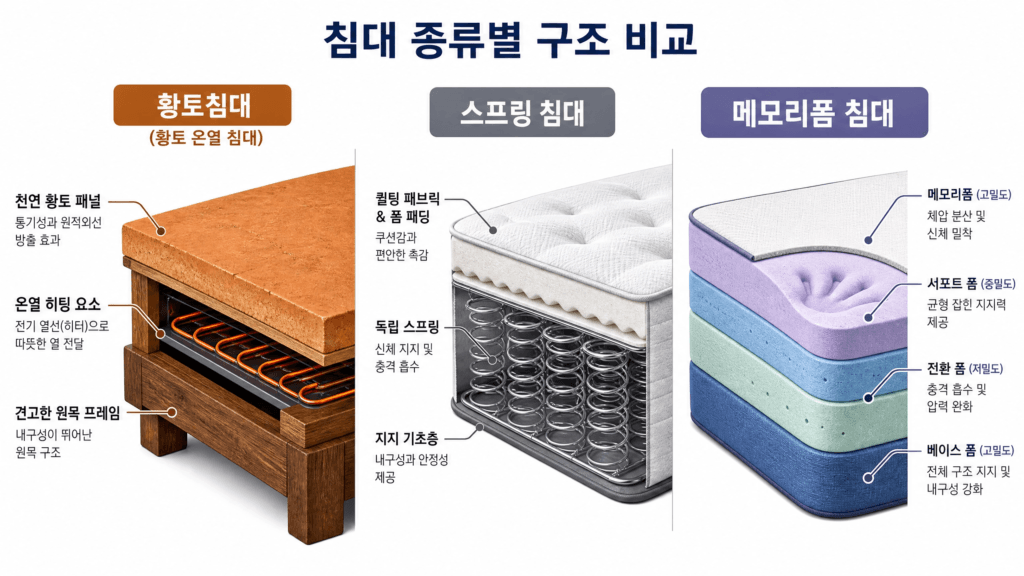 황토침대 • 스프링 침대 • 메모리폼 침대 단면 구조를 나란히 비교한 이미지