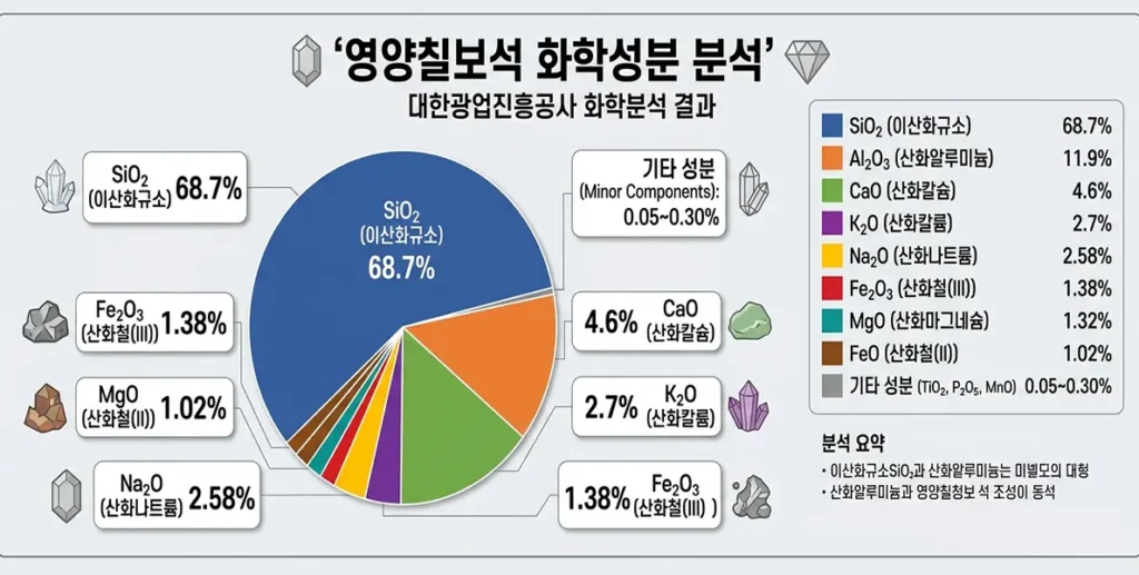영양칠보석 화학분석 결과-SiO₂ 68.7%  Al₂O₃ 11.9% 등 11가지 천연 산화물 비율표