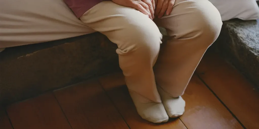 무릎  수술 후 침대에 걸터앉아 발이 바닥에 닿은 자세