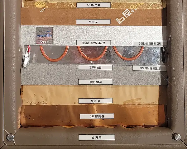 돌침대 보료 내부 층 구조 단면-히터와 안전장치,단열층이 겹겹이 들어가요.