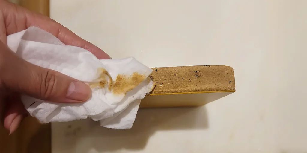 화학 접착제 없는 가보건강침대 황토 흙판 단면을 물티슈로 닦자 흙이 묻어나오는 모습